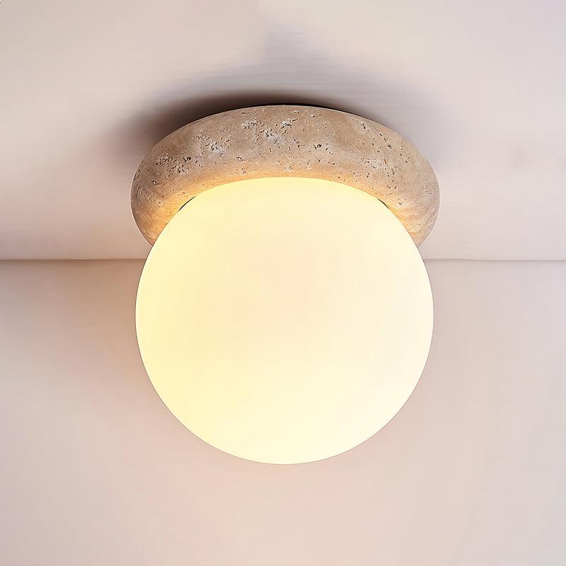 Ceiling Light Travertine Stone 6.3 in Beige Glass Shade Living Room Bedroom Flush Mount Ambient Lighting Fixture | Thomler