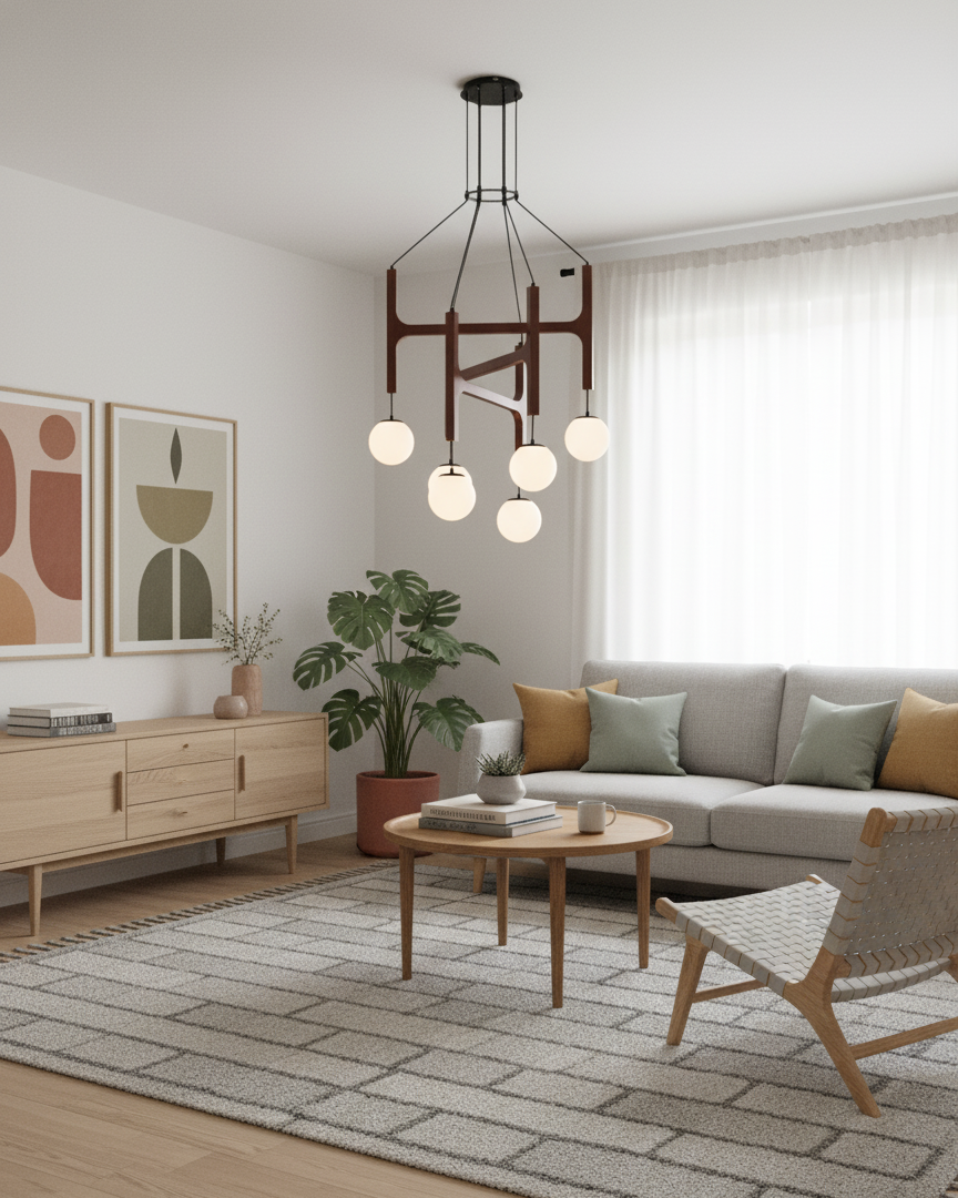 Chandelier Wood Multi-Light 23.6 in White Indoor Dining Room Pendant Light Adjustable Height | Thomler