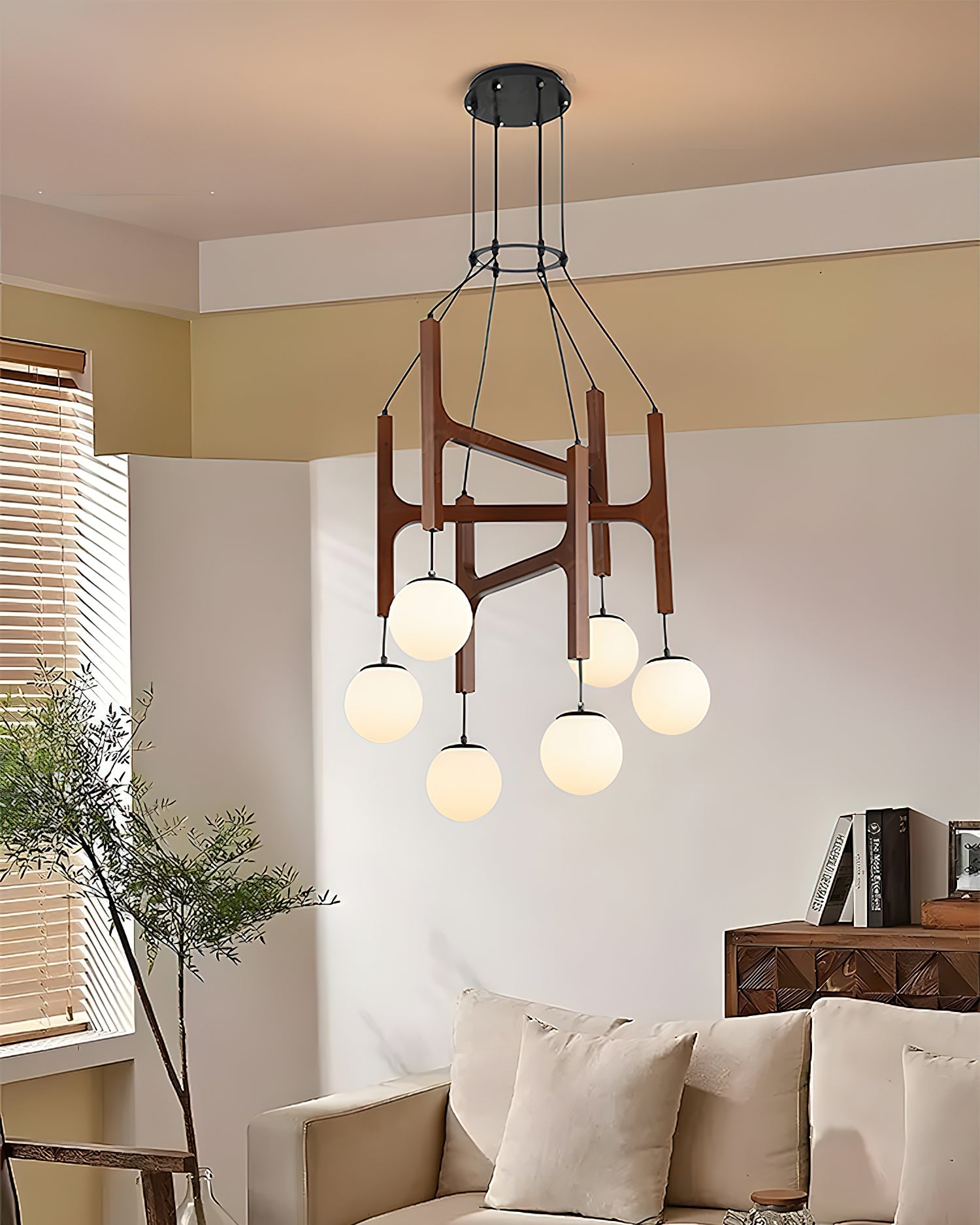 Chandelier Wood Multi-Light 23.6 in White Indoor Dining Room Pendant Light Adjustable Height | Thomler