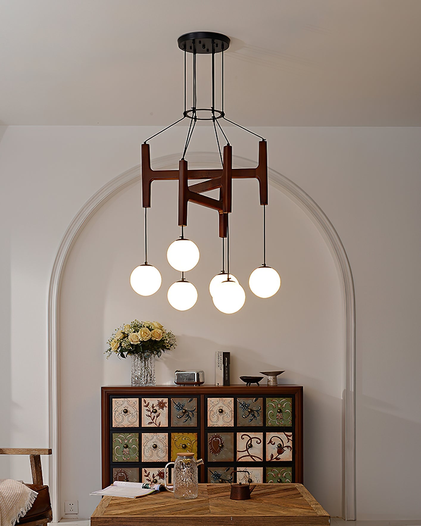 Chandelier Wood Multi-Light 23.6 in White Indoor Dining Room Pendant Light Adjustable Height | Thomler