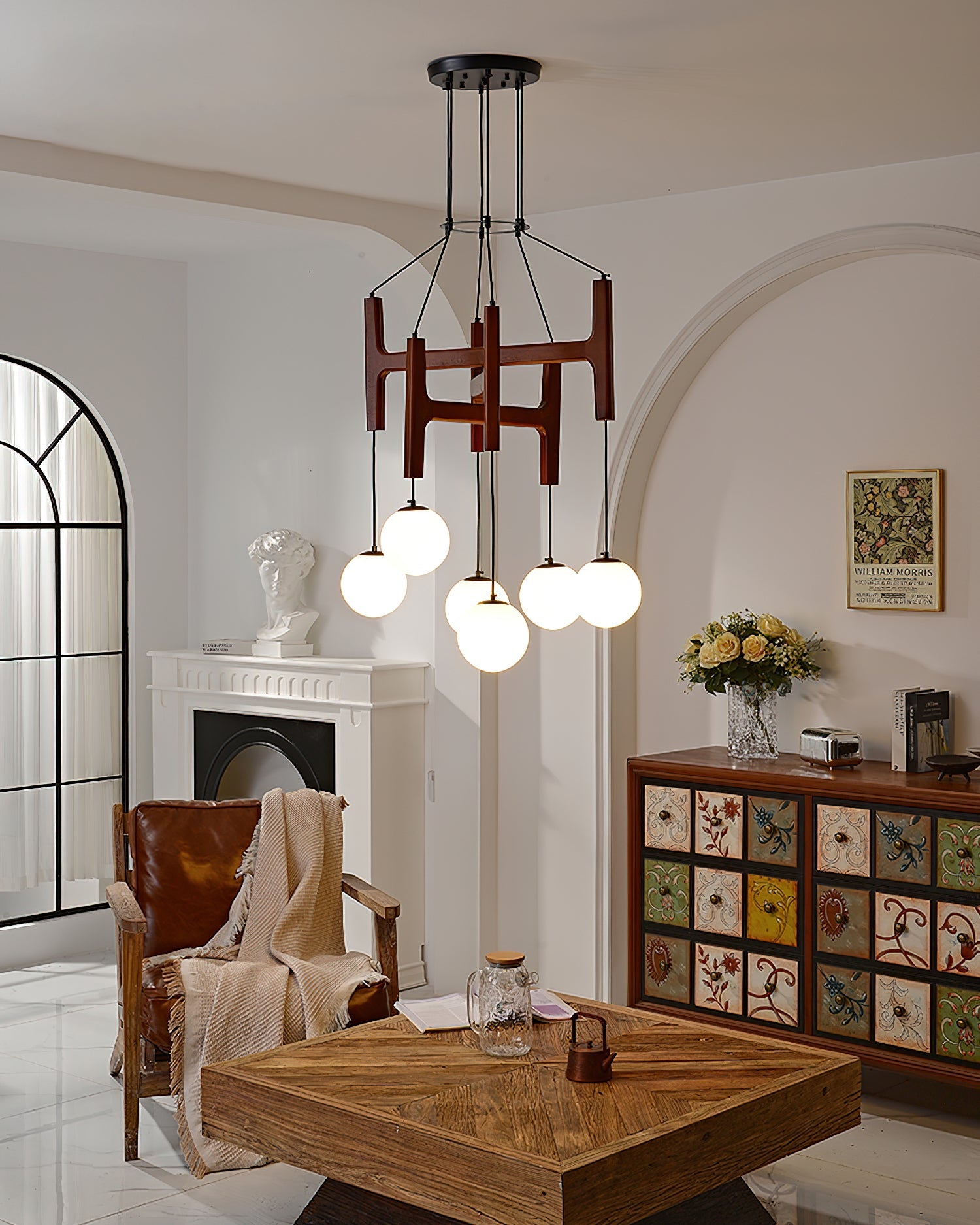 Chandelier Wood Multi-Light 23.6 in White Indoor Dining Room Pendant Light Adjustable Height | Thomler