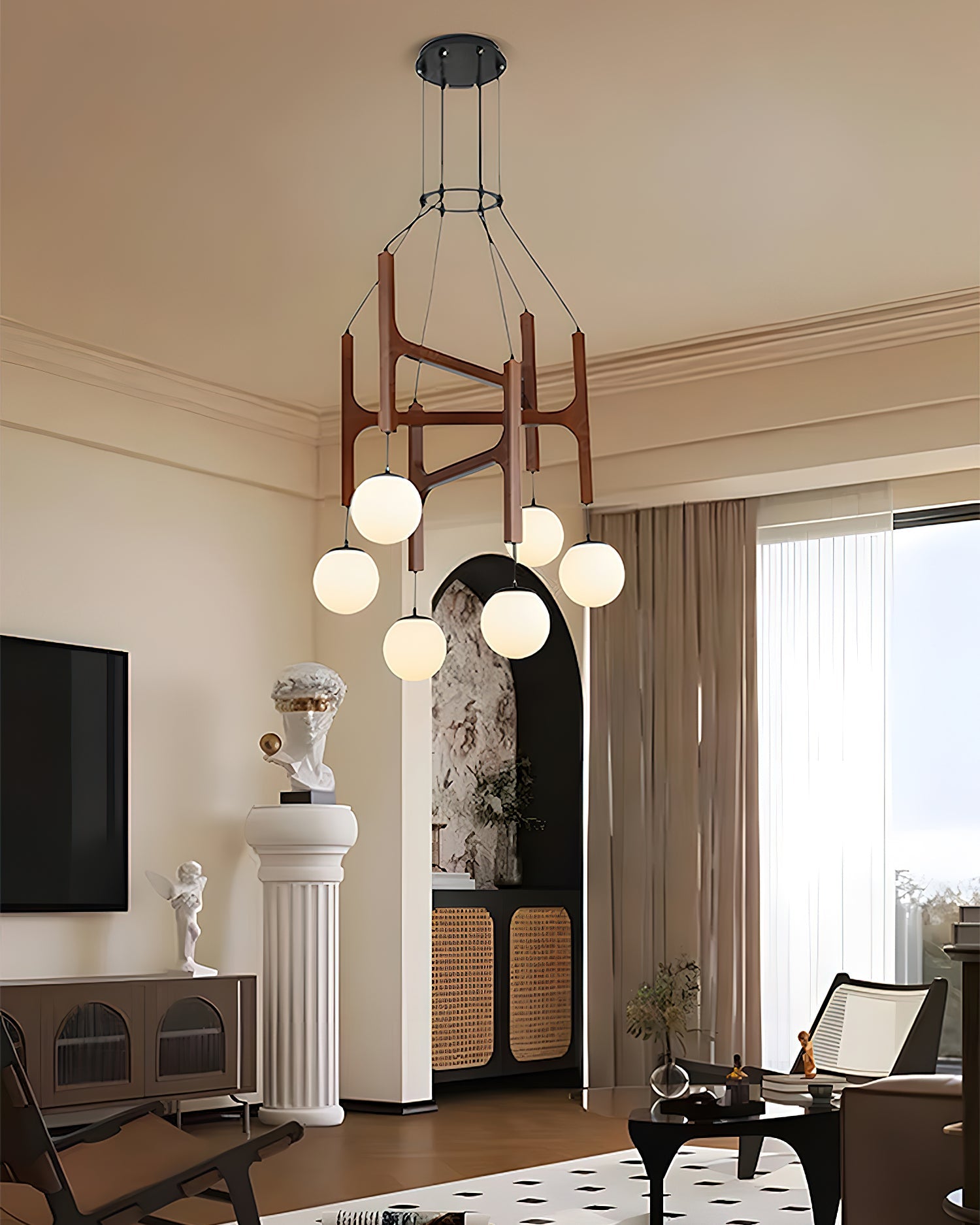 Chandelier Wood Multi-Light 23.6 in White Indoor Dining Room Pendant Light Adjustable Height | Thomler