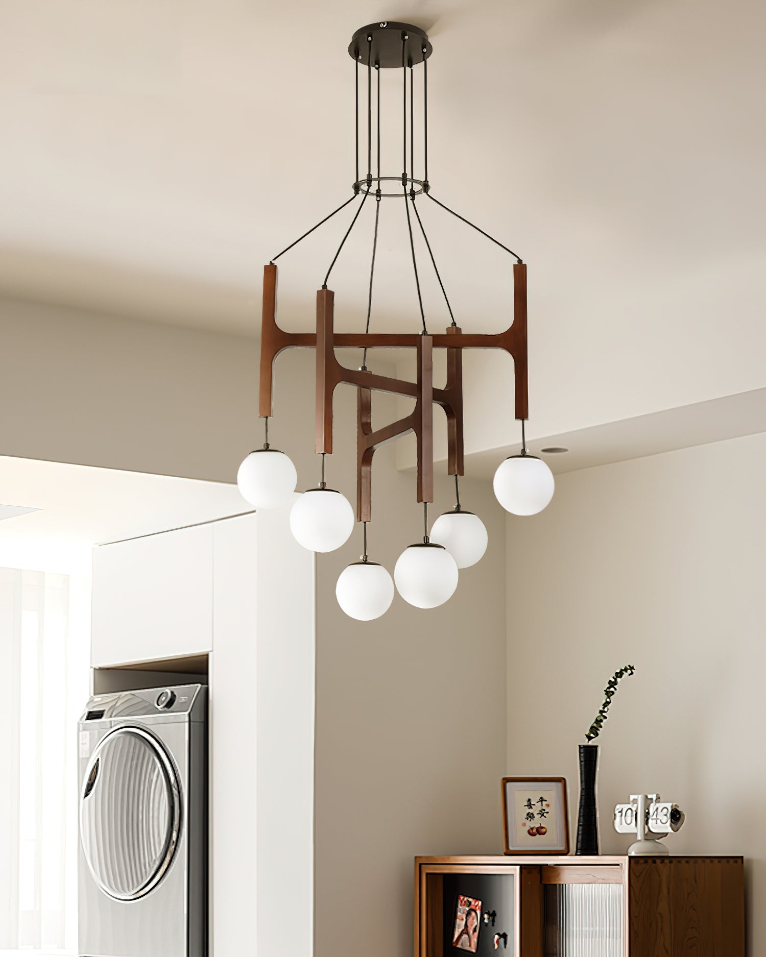 Chandelier Wood Multi-Light 23.6 in White Indoor Dining Room Pendant Light Adjustable Height | Thomler
