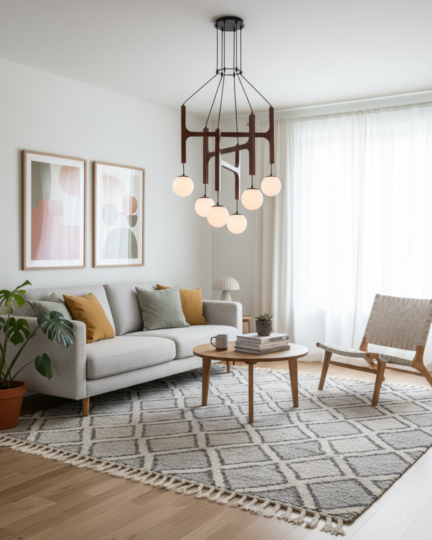Chandelier Wood Multi-Light 23.6 in White Indoor Dining Room Pendant Light Adjustable Height | Thomler
