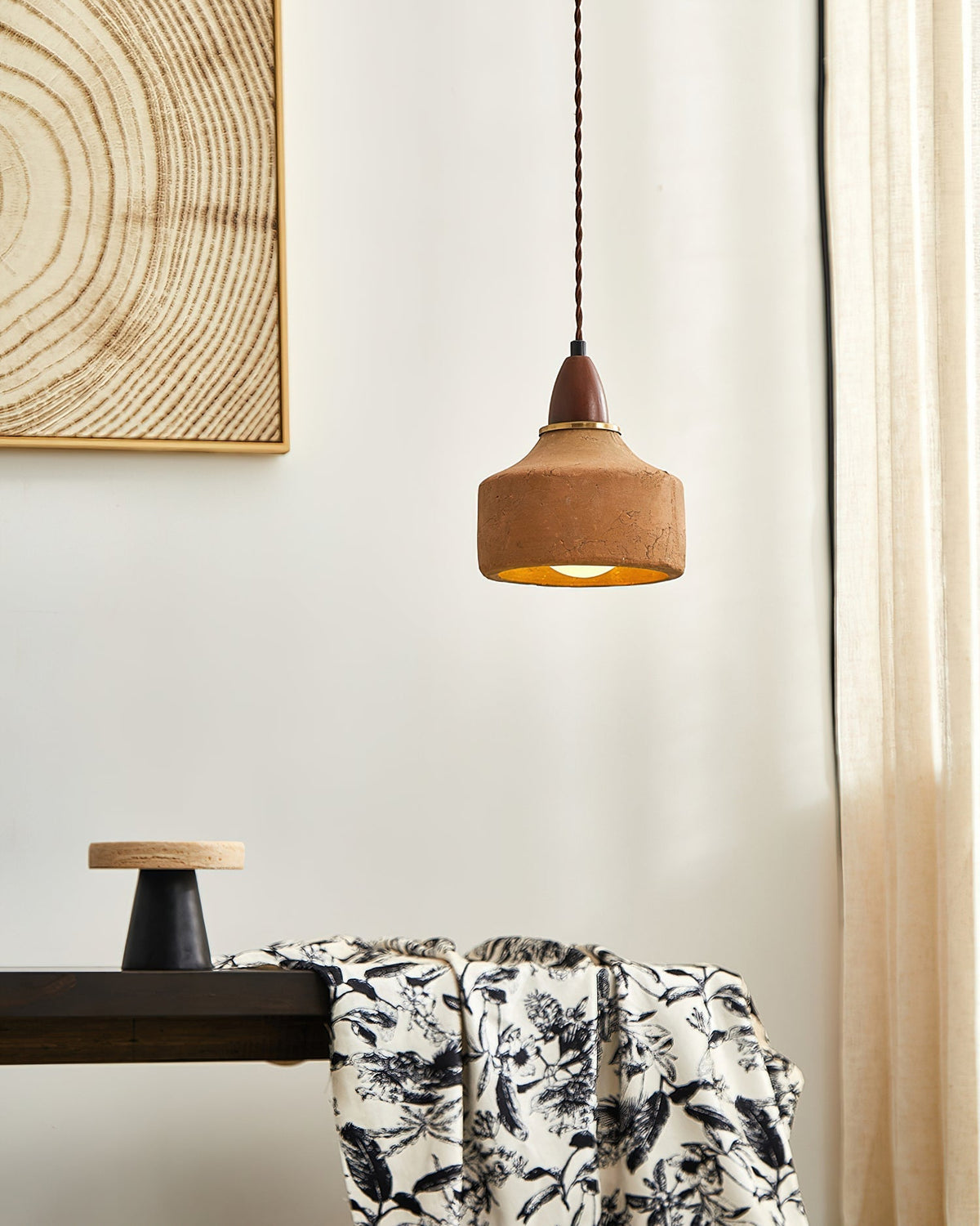 Terracotta Ceramic & Walnut Wood Hanging Lamp with G9 Socket – Warm Rustic Ceiling Light for Dining Room & Kitchen | Thomler