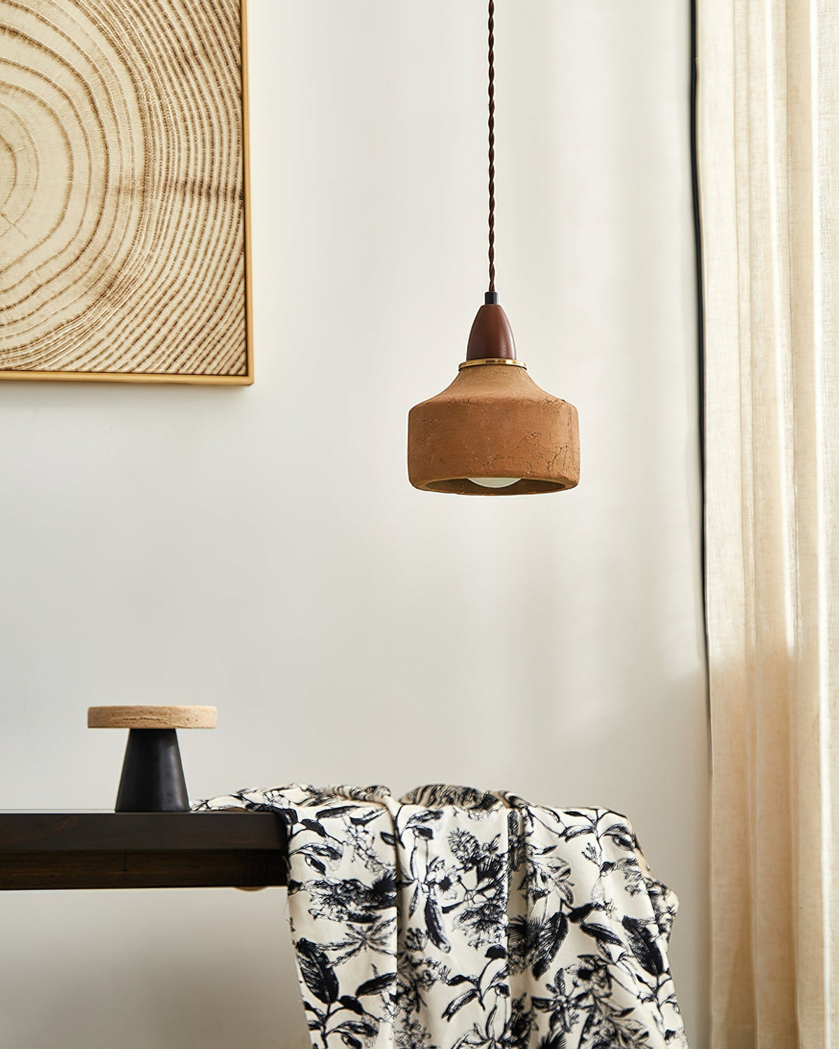 Terracotta Ceramic & Walnut Wood Hanging Lamp with G9 Socket – Warm Rustic Ceiling Light for Dining Room & Kitchen | Thomler