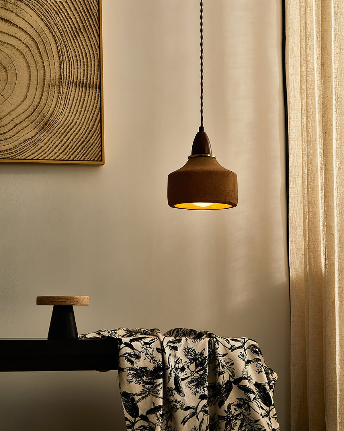 Terracotta Ceramic & Walnut Wood Hanging Lamp with G9 Socket – Warm Rustic Ceiling Light for Dining Room & Kitchen | Thomler