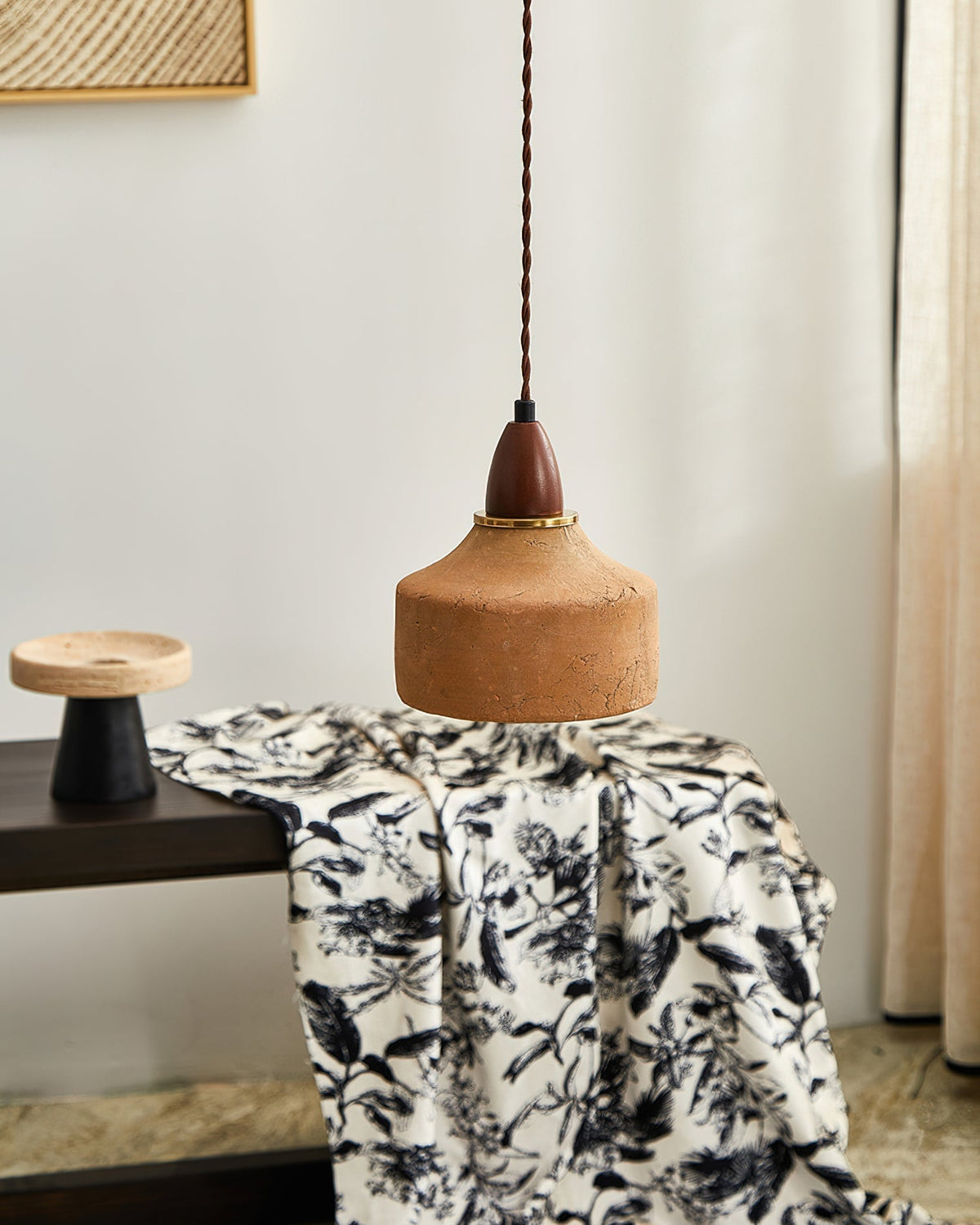 Terracotta Ceramic & Walnut Wood Hanging Lamp with G9 Socket – Warm Rustic Ceiling Light for Dining Room & Kitchen | Thomler