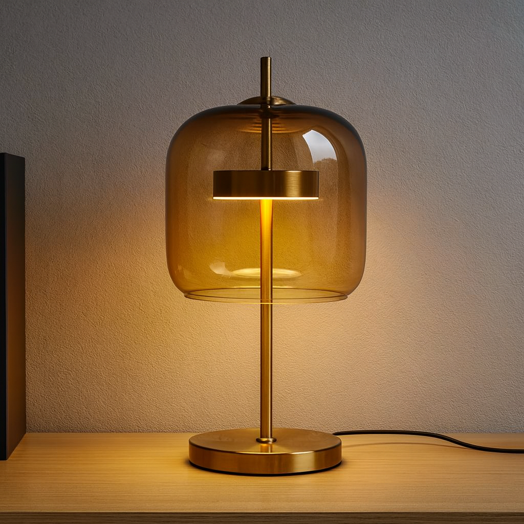 Tinted Glass Tabletop Accent Light with Gold Metal Frame – Soft Ambient Glow for Bedrooms, Nightstands & Living Spaces | Thomler