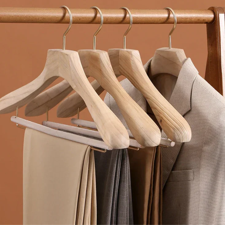 Solid Wood Coat Hangers with Wide Shoulder Support for Heavy Garments, Suits & Jackets | Natural Moisture-Absorbing Closet Organization | Thomler