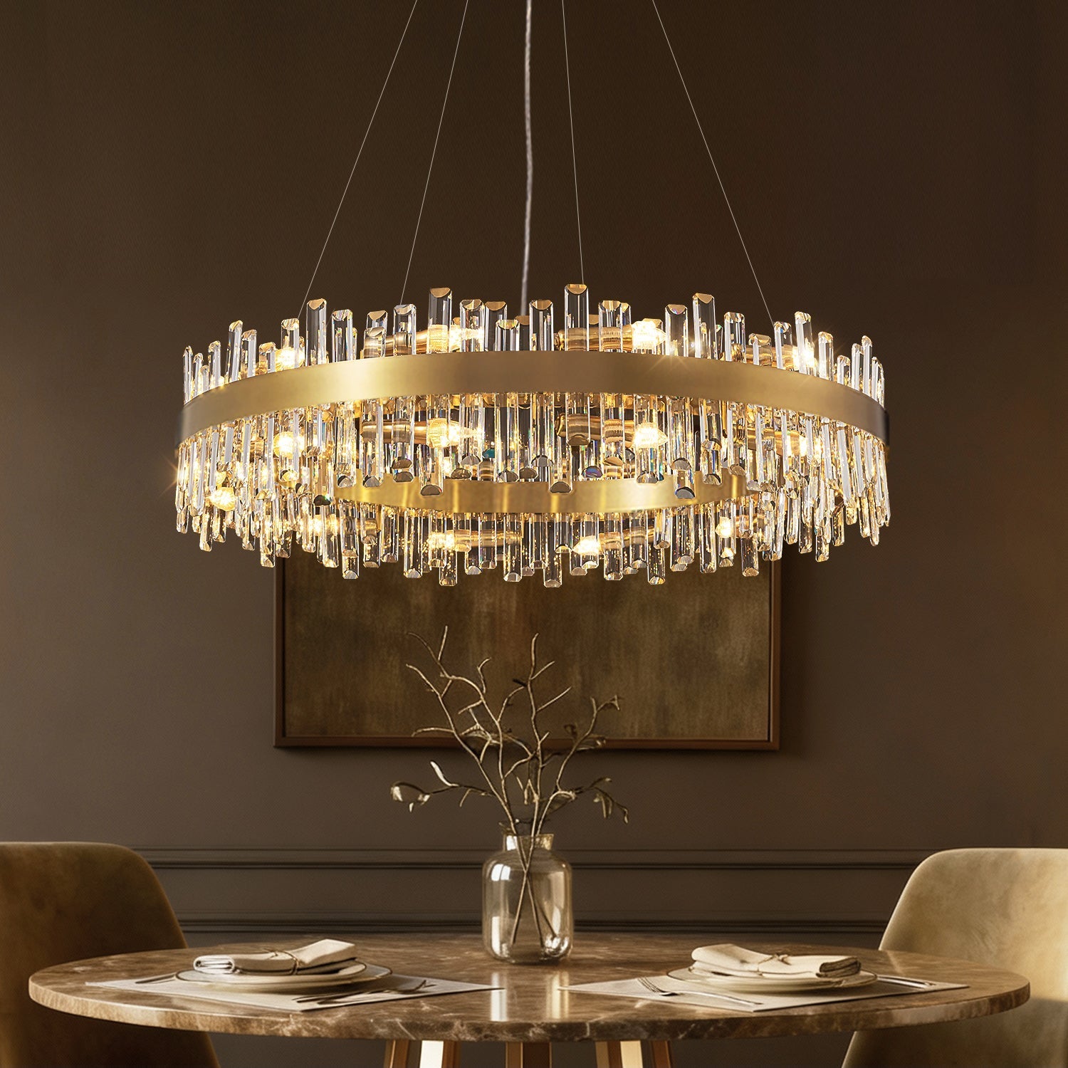Crystal Round Chandelier Gold K9 19.7–39.4 in Dining Room Living Room Ceiling Light Luxury Pendant | Thomler