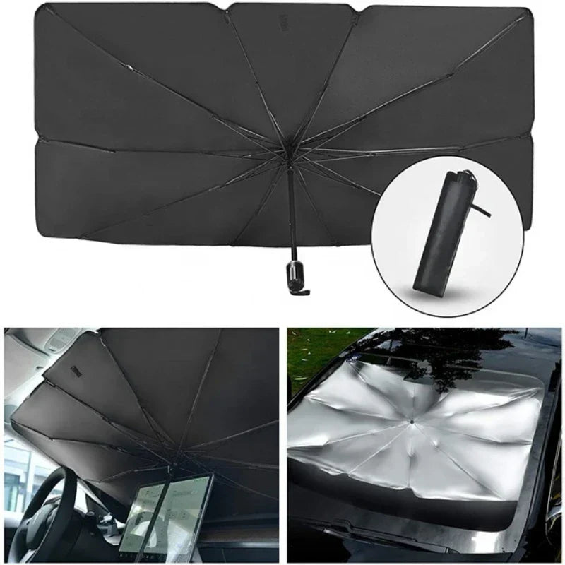 Foldable Windshield Sun Shade for Car | Umbrella Style Heat Blocker with UV Protection | Quick Deploy Reflective Sunshade for Front Window | Thomler