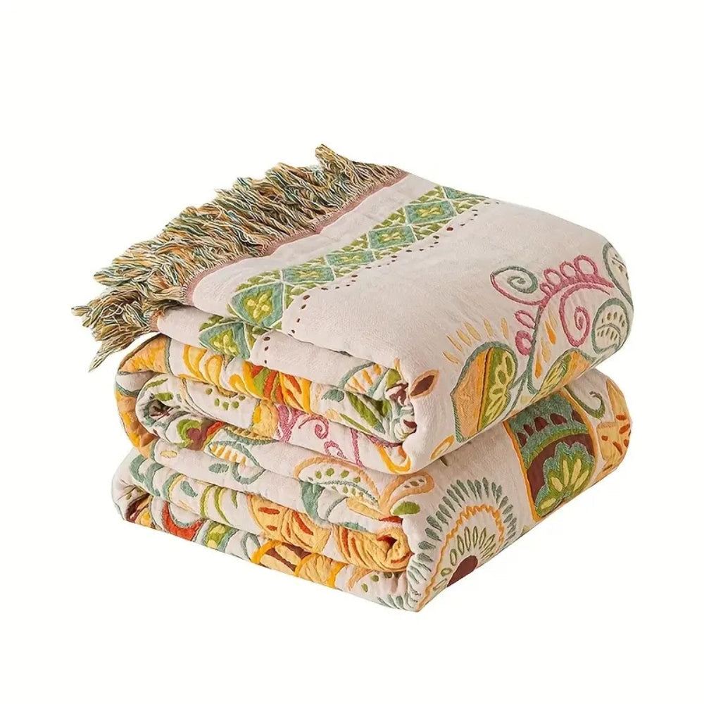 Reversible Cotton Gauze Throw Blanket with Tassels – Floral Boho Design for Couch, Bed & Living Room Decor | Thomler