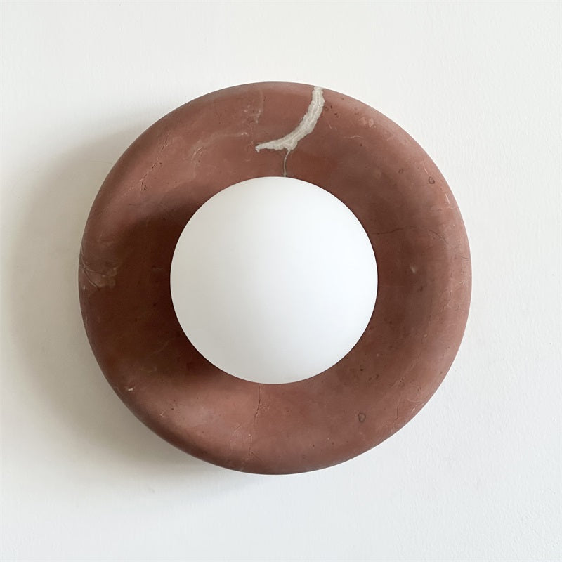 Round Glass Wall Sconce with Curved Marble Backplate for Living Room, Bedroom & Hallway – Hardwired Modern Indoor Light Fixture | Thomler