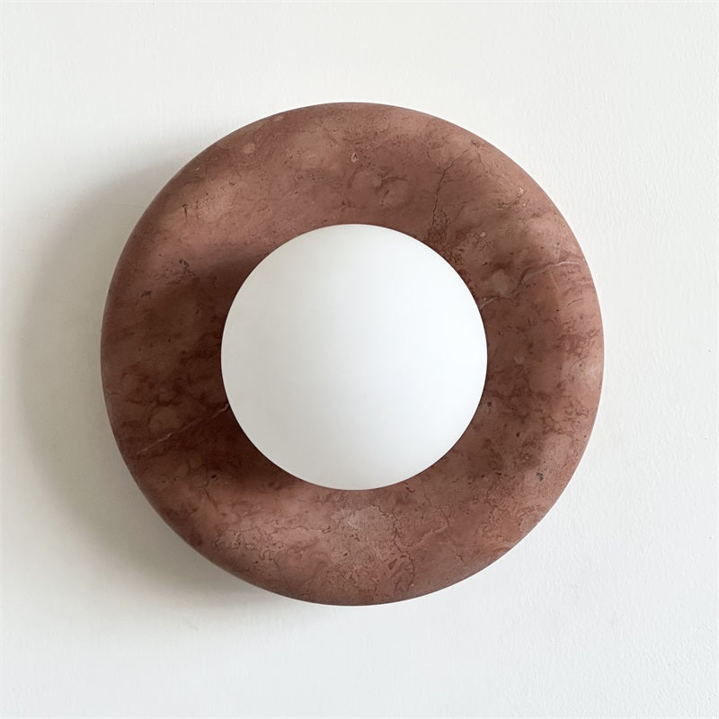 Round Glass Wall Sconce with Curved Marble Backplate for Living Room, Bedroom & Hallway – Hardwired Modern Indoor Light Fixture | Thomler