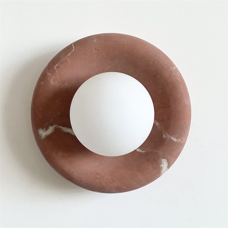 Round Glass Wall Sconce with Curved Marble Backplate for Living Room, Bedroom & Hallway – Hardwired Modern Indoor Light Fixture | Thomler
