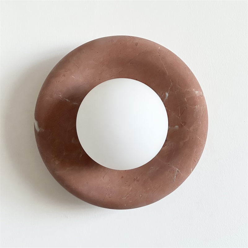 Round Glass Wall Sconce with Curved Marble Backplate for Living Room, Bedroom & Hallway – Hardwired Modern Indoor Light Fixture | Thomler
