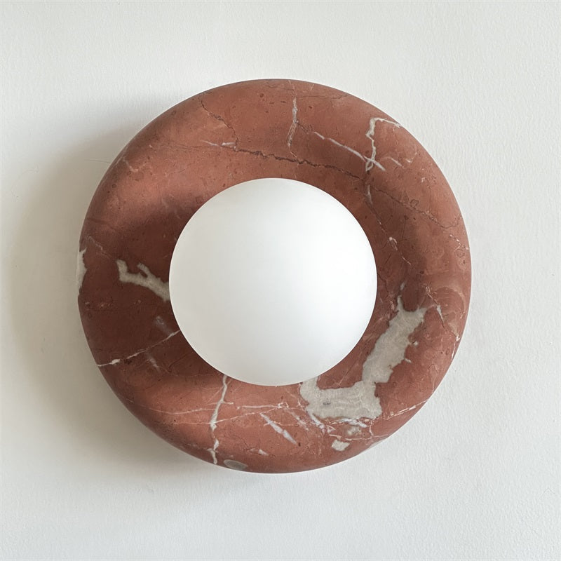 Round Glass Wall Sconce with Curved Marble Backplate for Living Room, Bedroom & Hallway – Hardwired Modern Indoor Light Fixture | Thomler