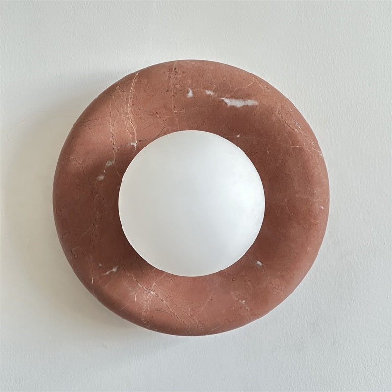Round Glass Wall Sconce with Curved Marble Backplate for Living Room, Bedroom & Hallway – Hardwired Modern Indoor Light Fixture | Thomler