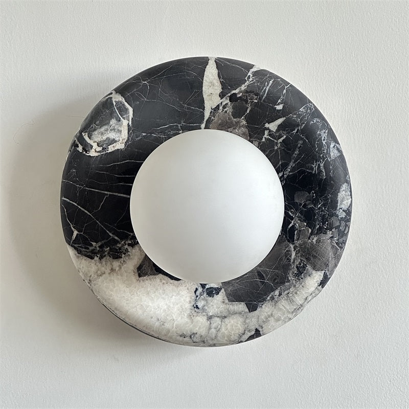 Round Glass Wall Sconce with Curved Marble Backplate for Living Room, Bedroom & Hallway – Hardwired Modern Indoor Light Fixture | Thomler