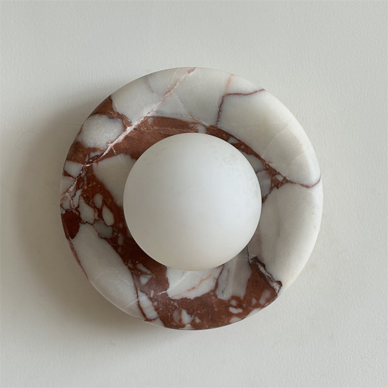 Round Glass Wall Sconce with Curved Marble Backplate for Living Room, Bedroom & Hallway – Hardwired Modern Indoor Light Fixture | Thomler