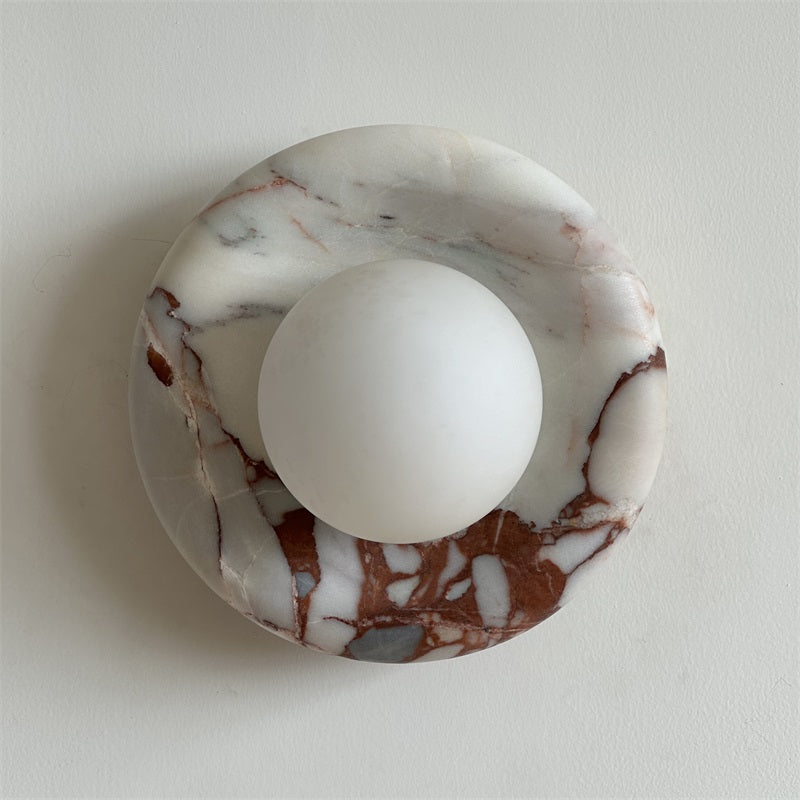 Round Glass Wall Sconce with Curved Marble Backplate for Living Room, Bedroom & Hallway – Hardwired Modern Indoor Light Fixture | Thomler