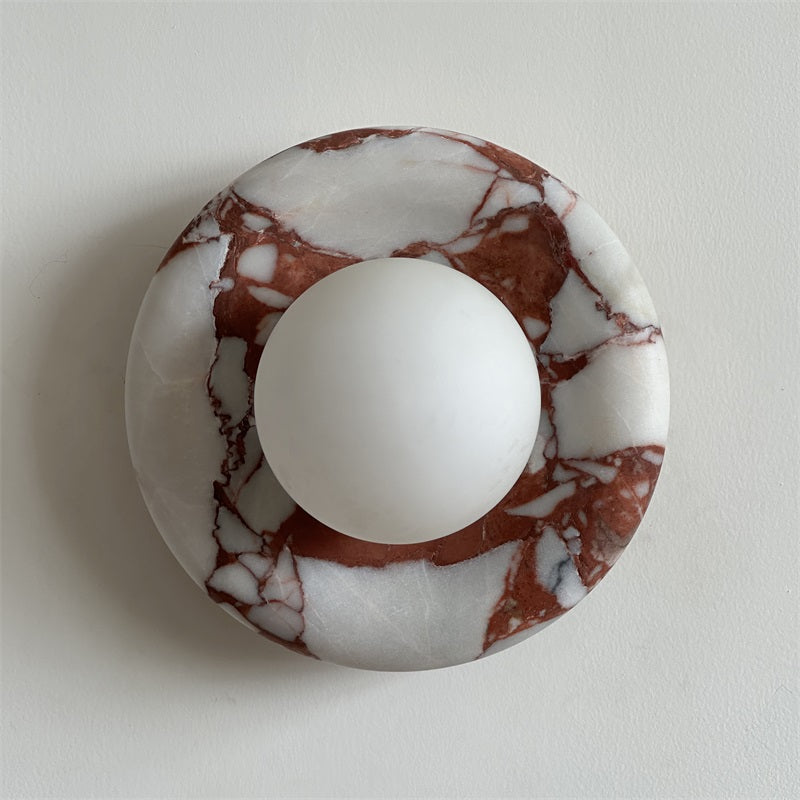 Round Glass Wall Sconce with Curved Marble Backplate for Living Room, Bedroom & Hallway – Hardwired Modern Indoor Light Fixture | Thomler