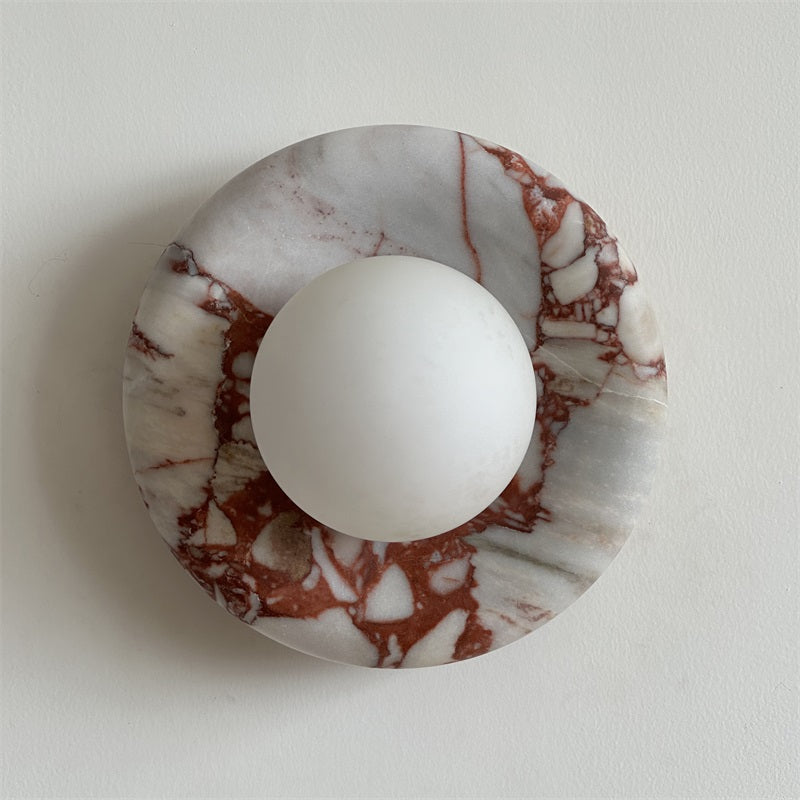Round Glass Wall Sconce with Curved Marble Backplate for Living Room, Bedroom & Hallway – Hardwired Modern Indoor Light Fixture | Thomler