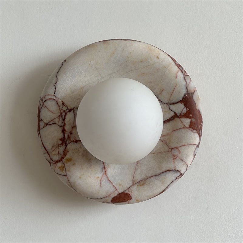 Round Glass Wall Sconce with Curved Marble Backplate for Living Room, Bedroom & Hallway – Hardwired Modern Indoor Light Fixture | Thomler