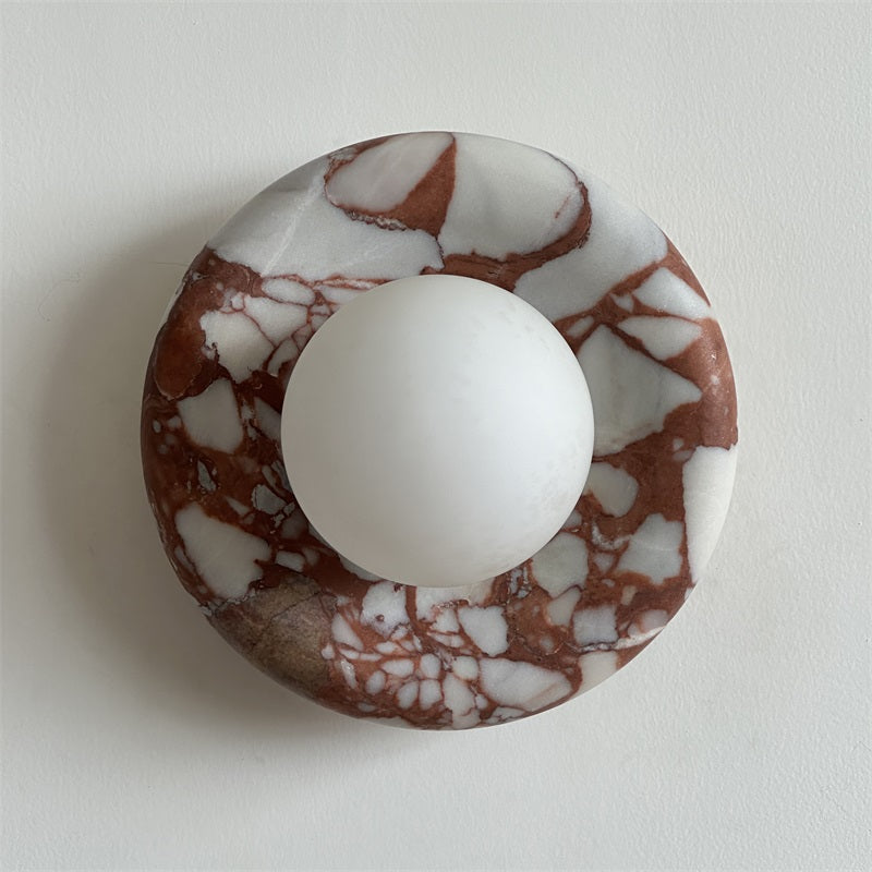Round Glass Wall Sconce with Curved Marble Backplate for Living Room, Bedroom & Hallway – Hardwired Modern Indoor Light Fixture | Thomler