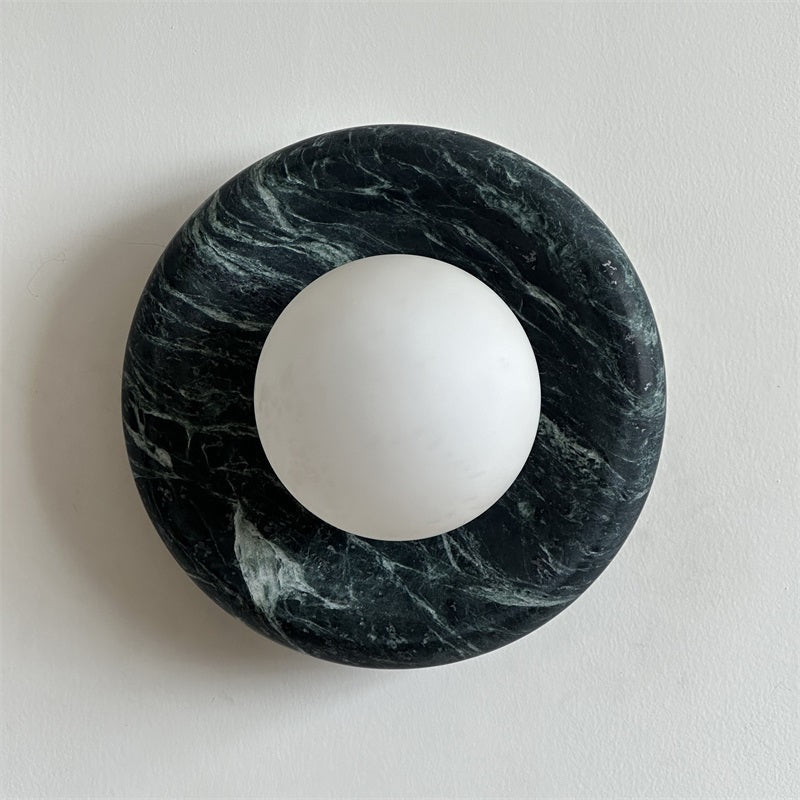 Round Glass Wall Sconce with Curved Marble Backplate for Living Room, Bedroom & Hallway – Hardwired Modern Indoor Light Fixture | Thomler