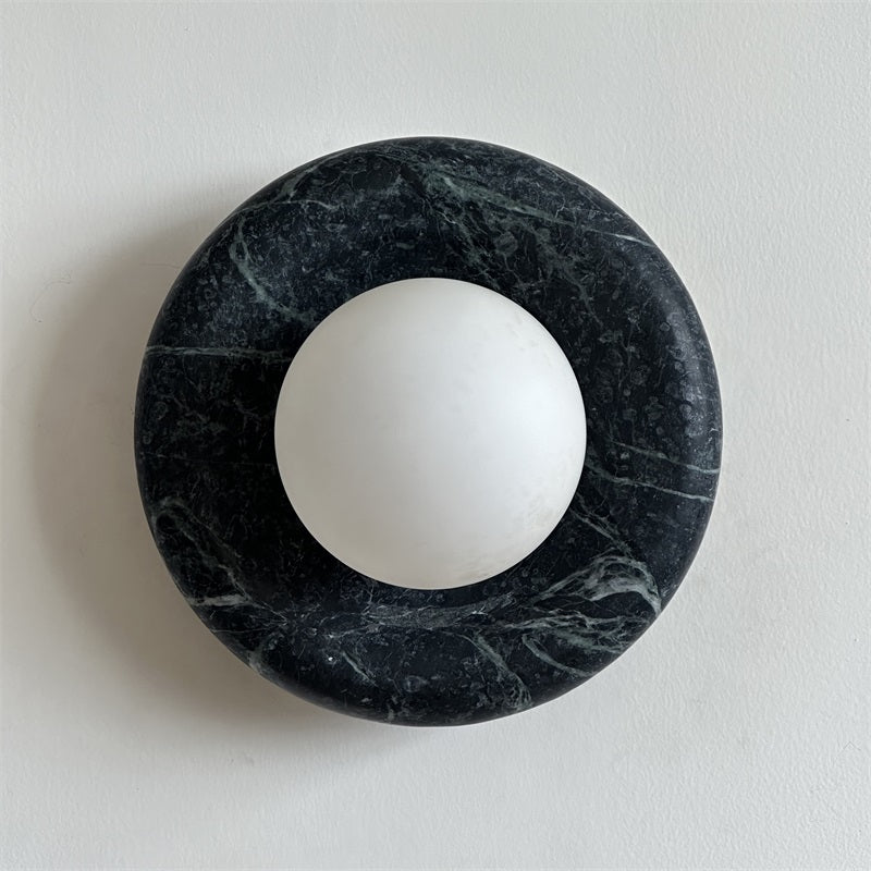 Round Glass Wall Sconce with Curved Marble Backplate for Living Room, Bedroom & Hallway – Hardwired Modern Indoor Light Fixture | Thomler