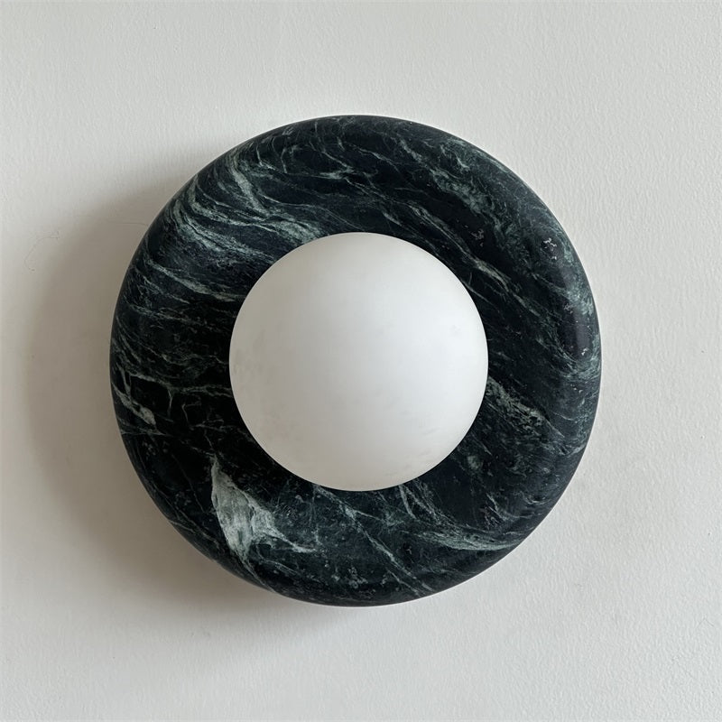 Round Glass Wall Sconce with Curved Marble Backplate for Living Room, Bedroom & Hallway – Hardwired Modern Indoor Light Fixture | Thomler