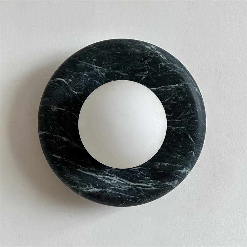 Round Glass Wall Sconce with Curved Marble Backplate for Living Room, Bedroom & Hallway – Hardwired Modern Indoor Light Fixture | Thomler