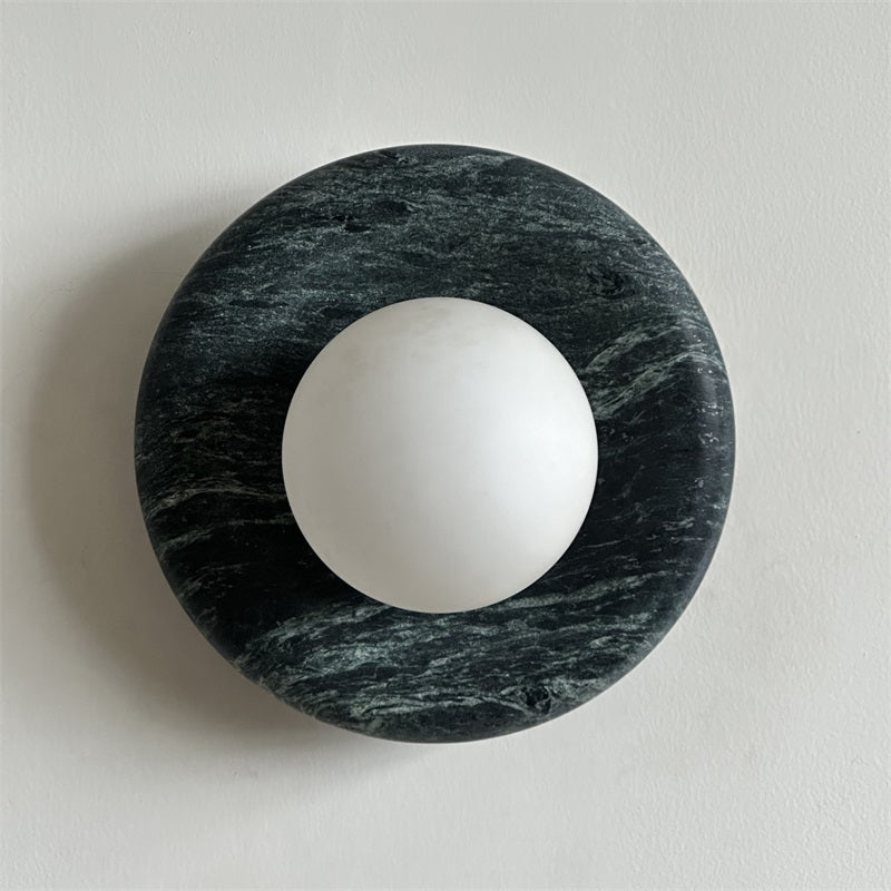 Round Glass Wall Sconce with Curved Marble Backplate for Living Room, Bedroom & Hallway – Hardwired Modern Indoor Light Fixture | Thomler