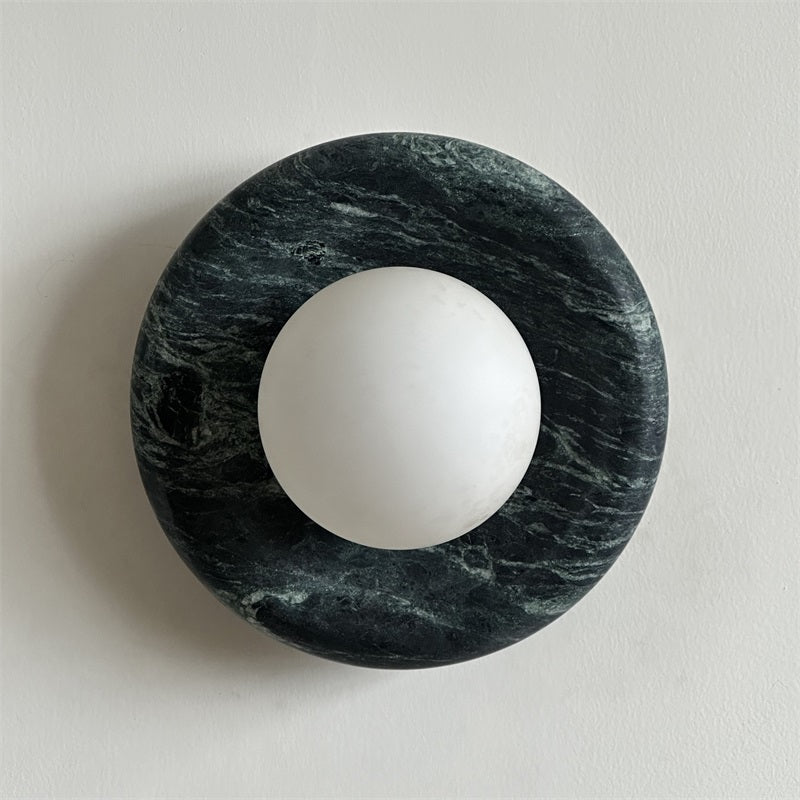 Round Glass Wall Sconce with Curved Marble Backplate for Living Room, Bedroom & Hallway – Hardwired Modern Indoor Light Fixture | Thomler