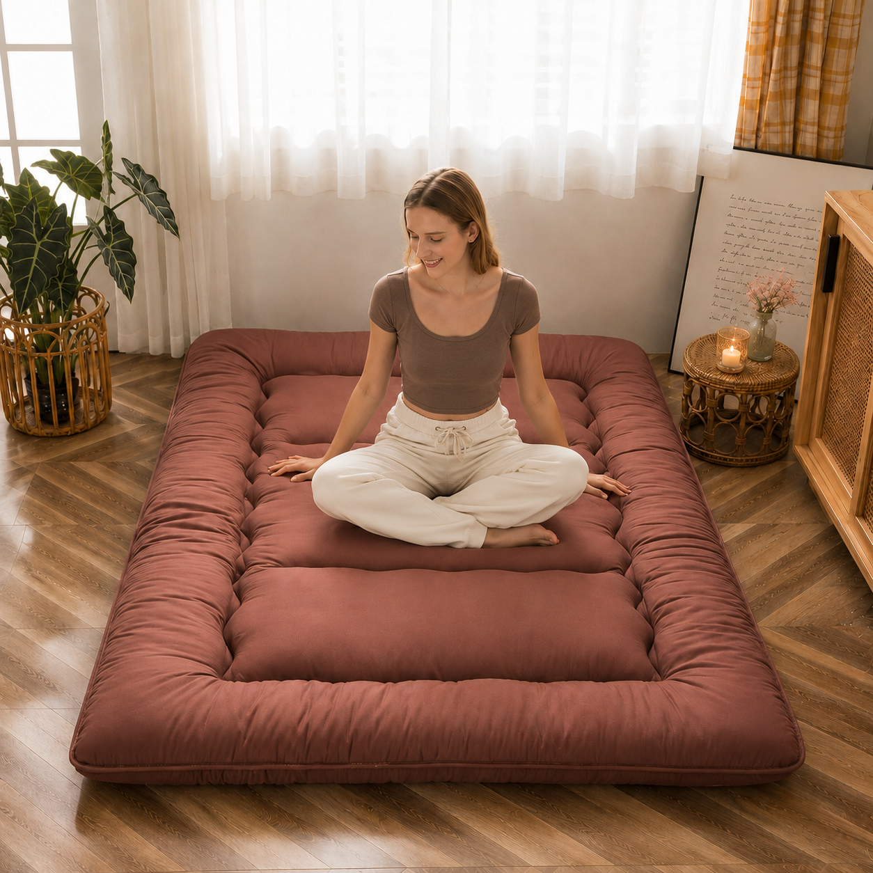 Foldable Floor Mattress 4-Inch Thick Quilted Sleeping Pad for Adults & Kids | Guest Bed, Dorm Room, Yoga | All-Season Portable Futon | Thomler