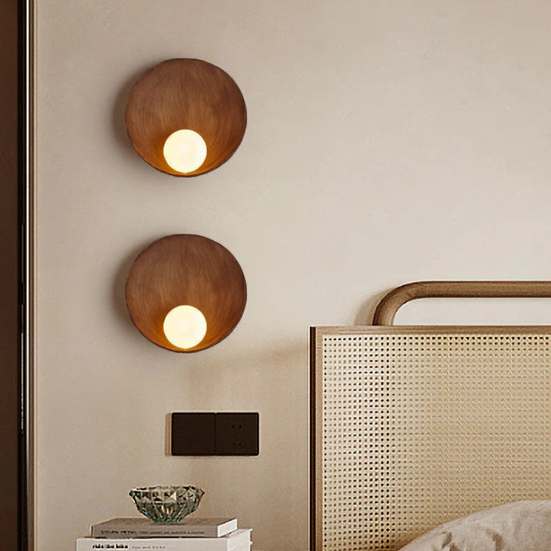 Circular Glass Shade Wall Light Fixture Hardwired Single Bulb White Wood Tone for Bedroom Living Room Hallway Staircase Entryway Ambient | Thomler