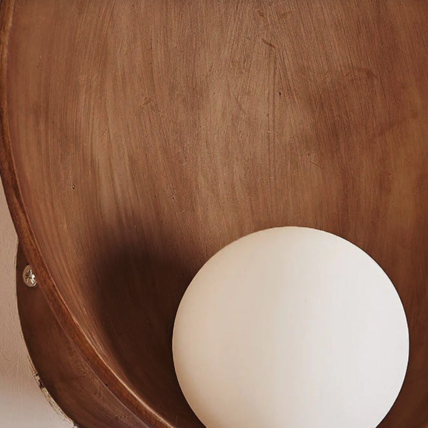 Circular Glass Shade Wall Light Fixture Hardwired Single Bulb White Wood Tone for Bedroom Living Room Hallway Staircase Entryway Ambient | Thomler