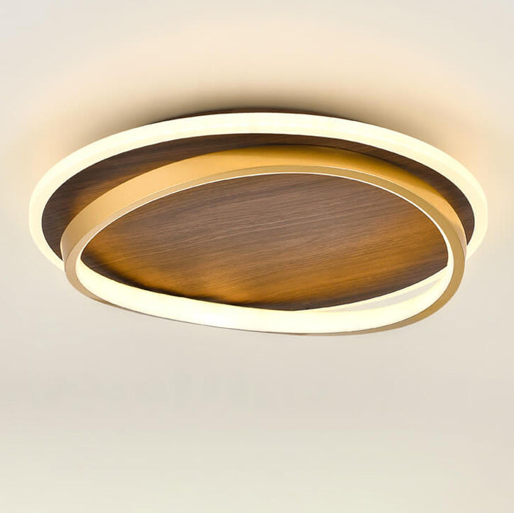 Round Flush Mount Ceiling Light with Wood-Grain Finish & Integrated LED for Living Room, Bedroom, Kitchen | Thomler