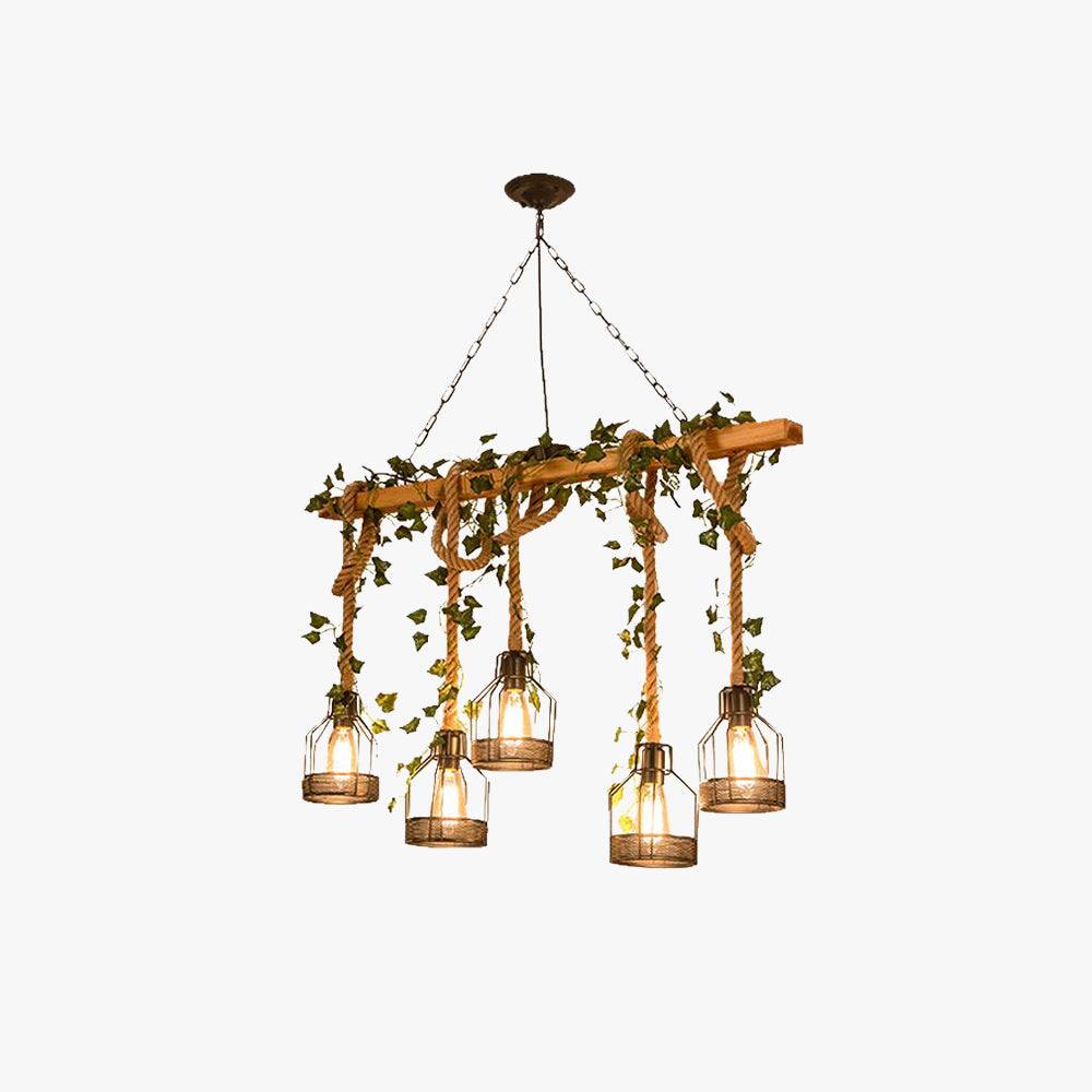 Rustic Industrial Wood Beam Ceiling Fixture with Metal Cages – 3 or 5 Light Overhead Chandelier for Kitchen Island, Dining Room & | Thomler