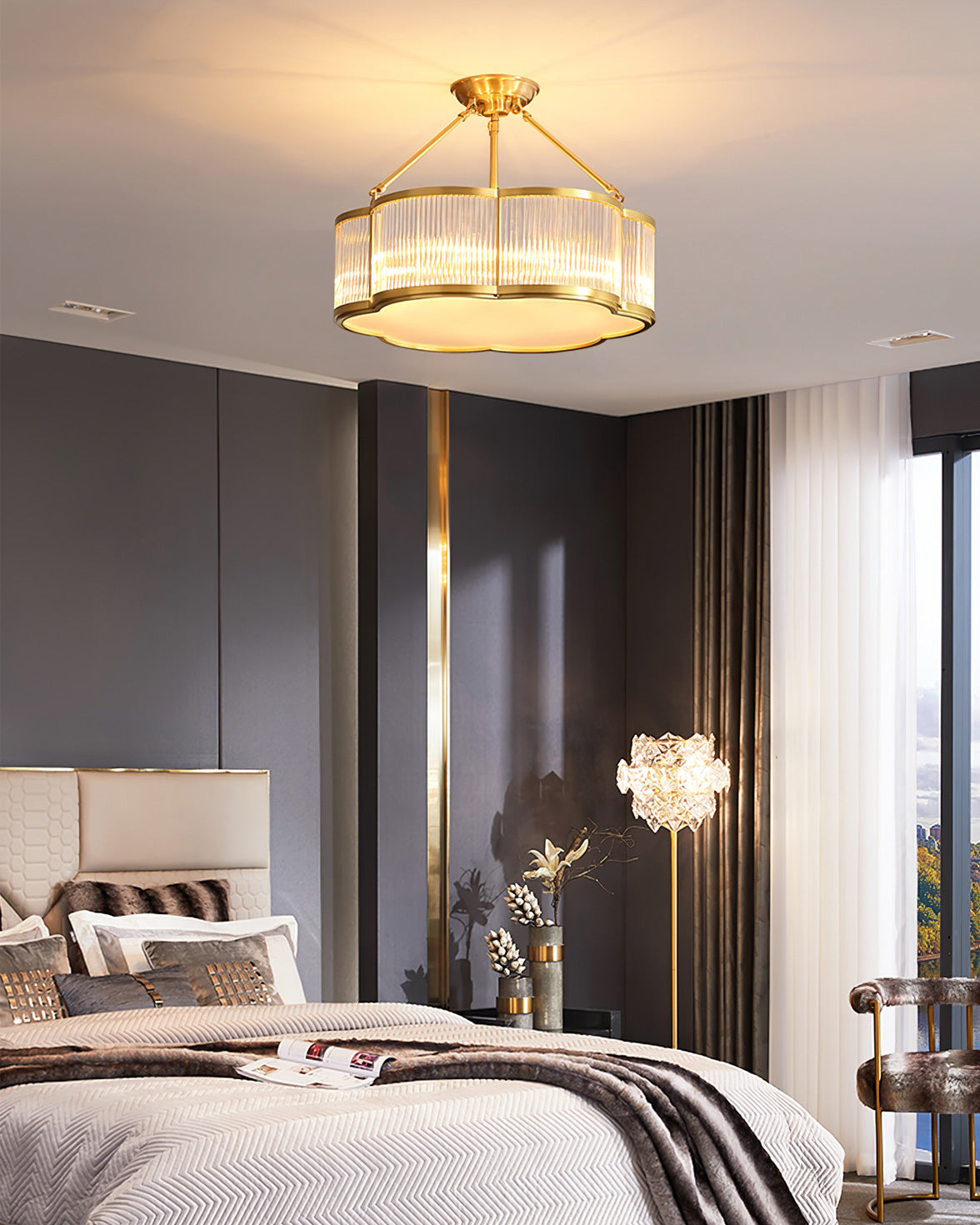 Ceiling Light Brass Glass 19.7 in Flush Mount Living Room Bedroom Quatrefoil Decorative Indoor Lighting Fixture | Thomler