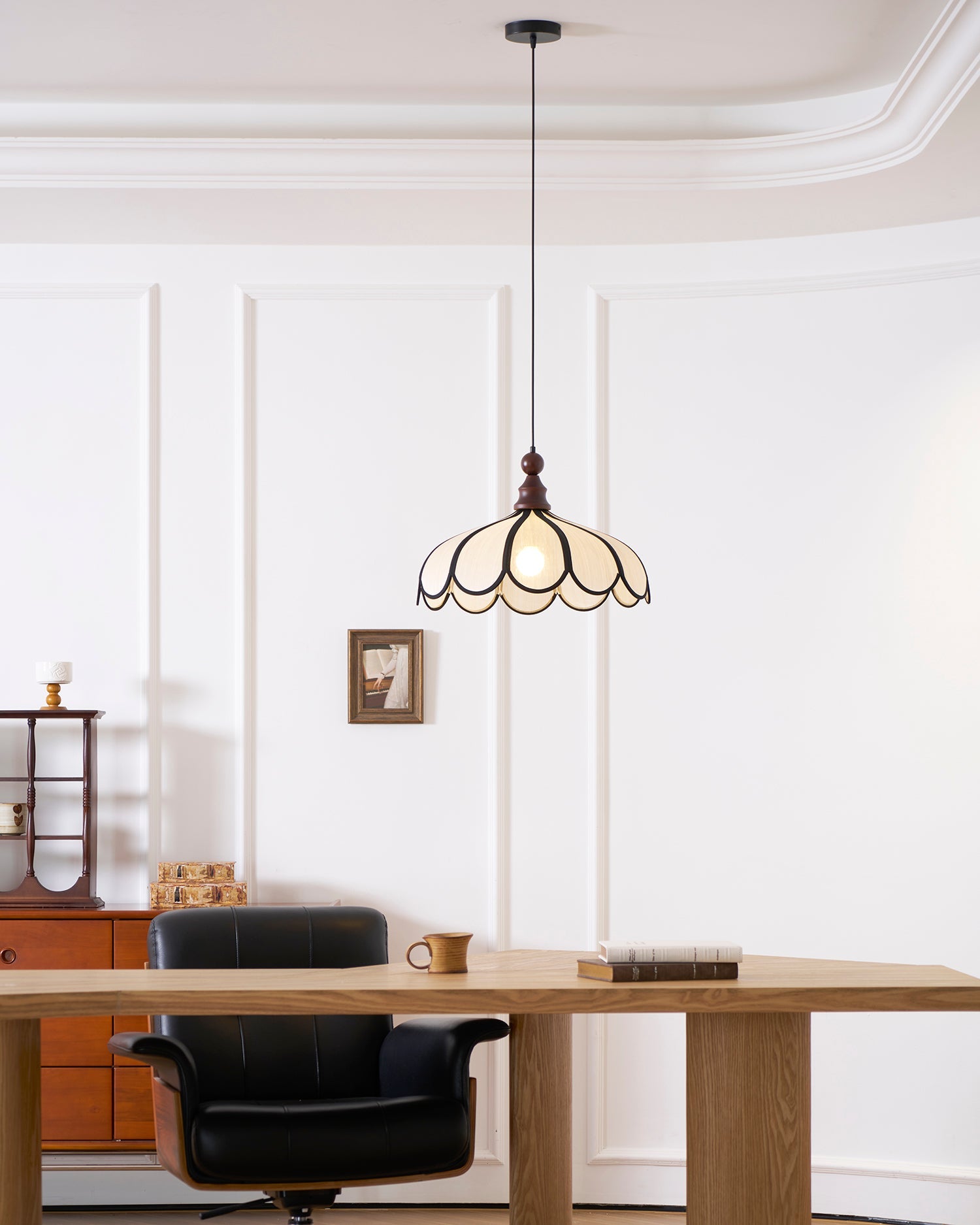 Pendant Lamp Abaca Shade 15.7 in 11.8 in Walnut Beige Black Dining Room Kitchen Island Hanging Light Vintage Style | Thomler