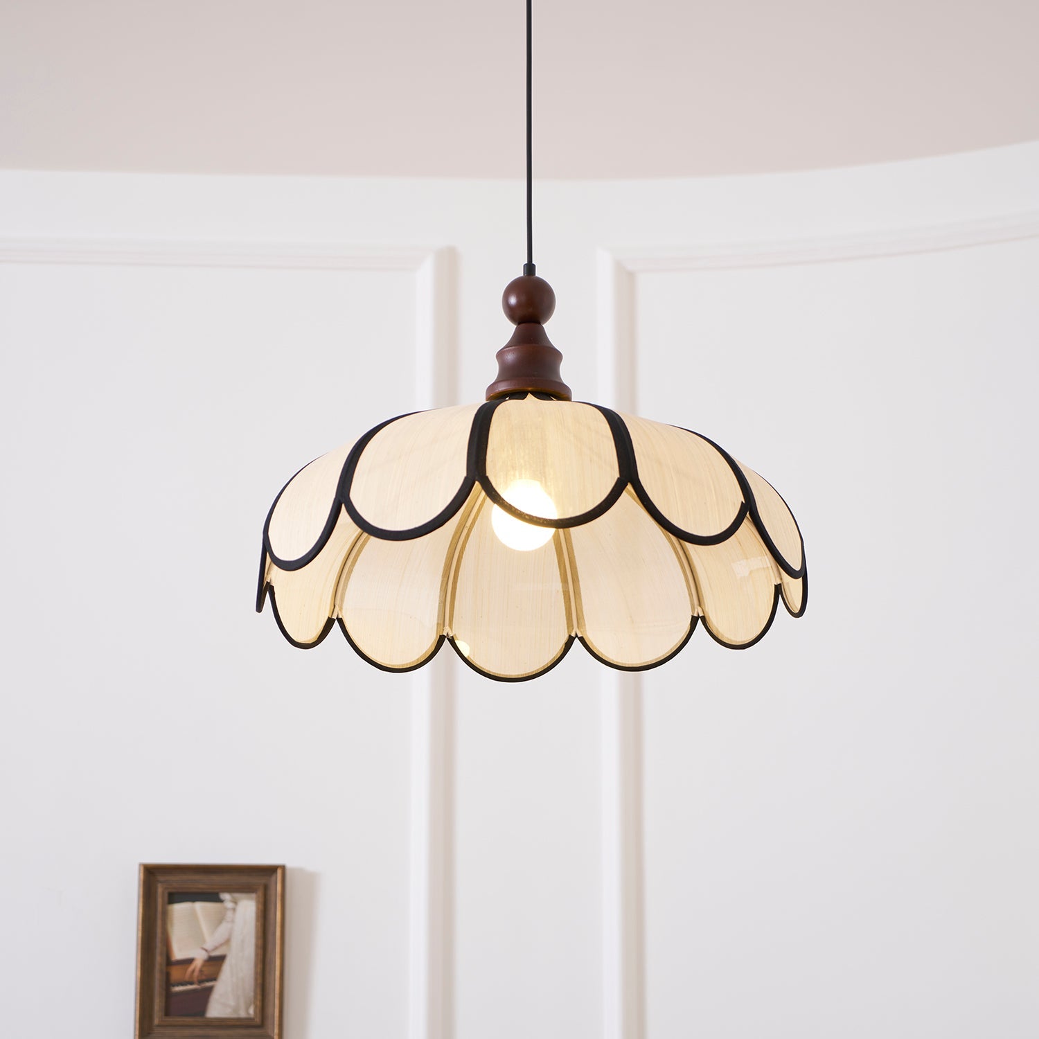 Pendant Lamp Abaca Shade 15.7 in 11.8 in Walnut Beige Black Dining Room Kitchen Island Hanging Light Vintage Style | Thomler