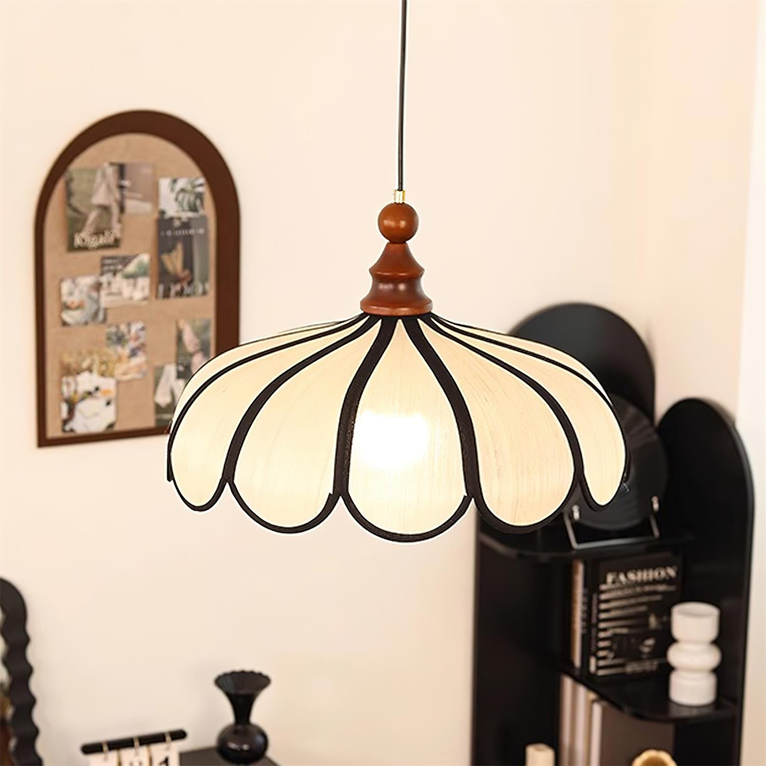 Pendant Lamp Abaca Shade 15.7 in 11.8 in Walnut Beige Black Dining Room Kitchen Island Hanging Light Vintage Style | Thomler