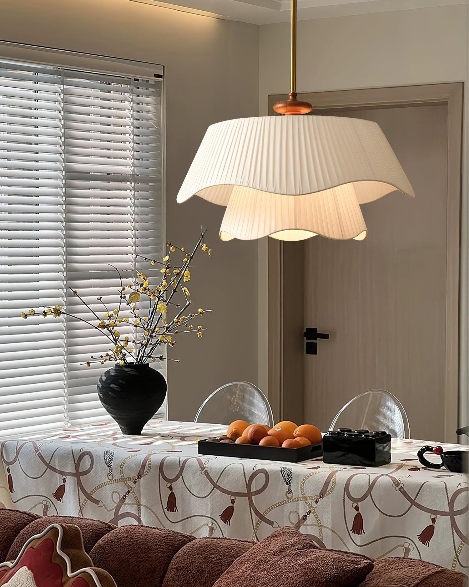 Pendant Light Fabric Wood 9.8 in Double Wavy Shade Dining Room Modern Ceiling Hanging Fixture Ambient Home Lighting | Thomler