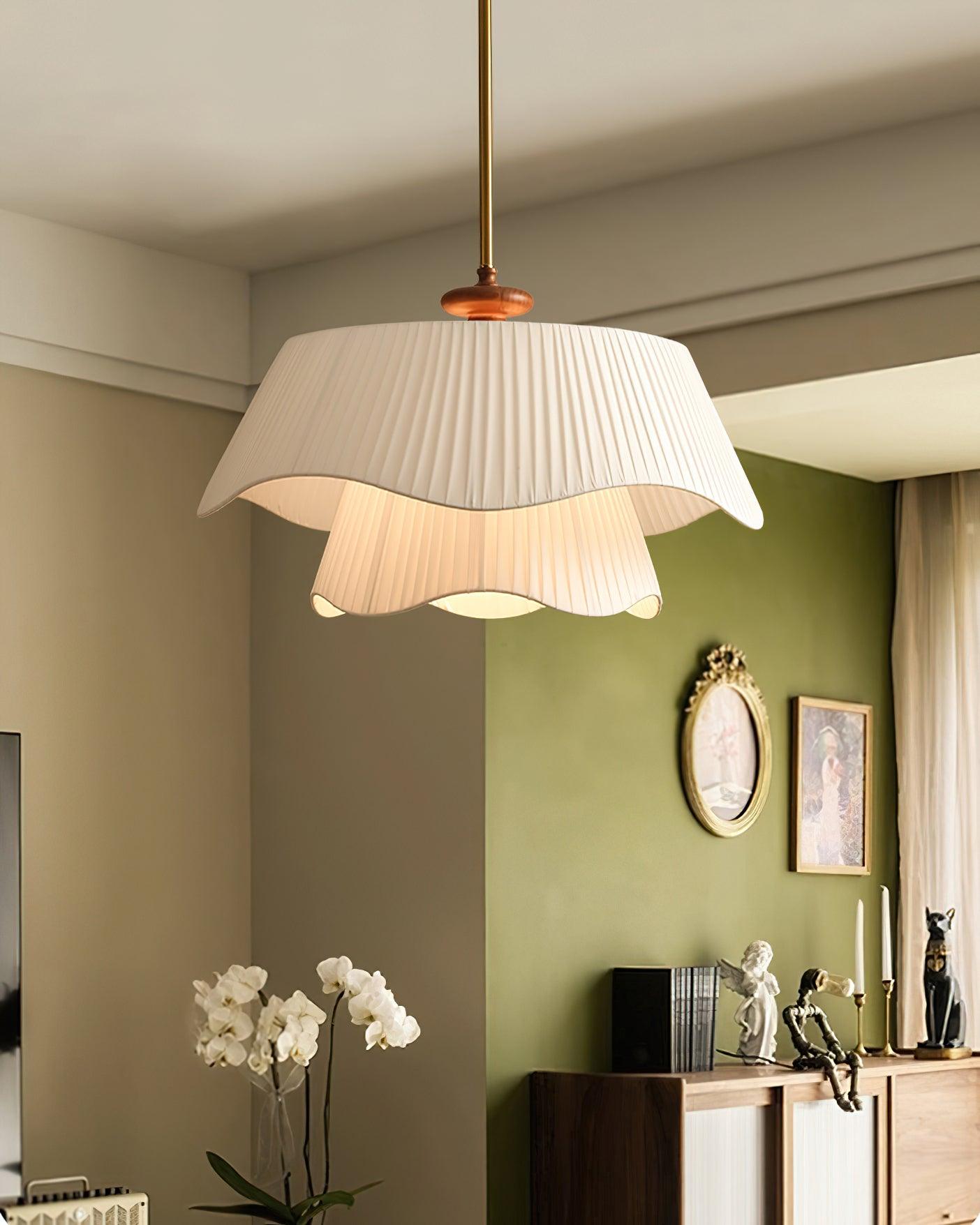 Pendant Light Fabric Wood 9.8 in Double Wavy Shade Dining Room Modern Ceiling Hanging Fixture Ambient Home Lighting | Thomler