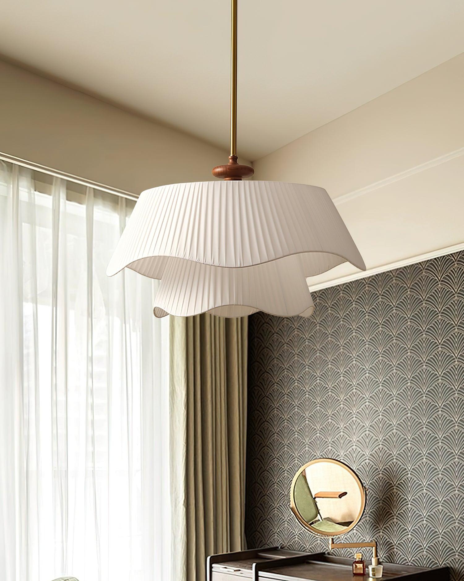 Pendant Light Fabric Wood 9.8 in Double Wavy Shade Dining Room Modern Ceiling Hanging Fixture Ambient Home Lighting | Thomler
