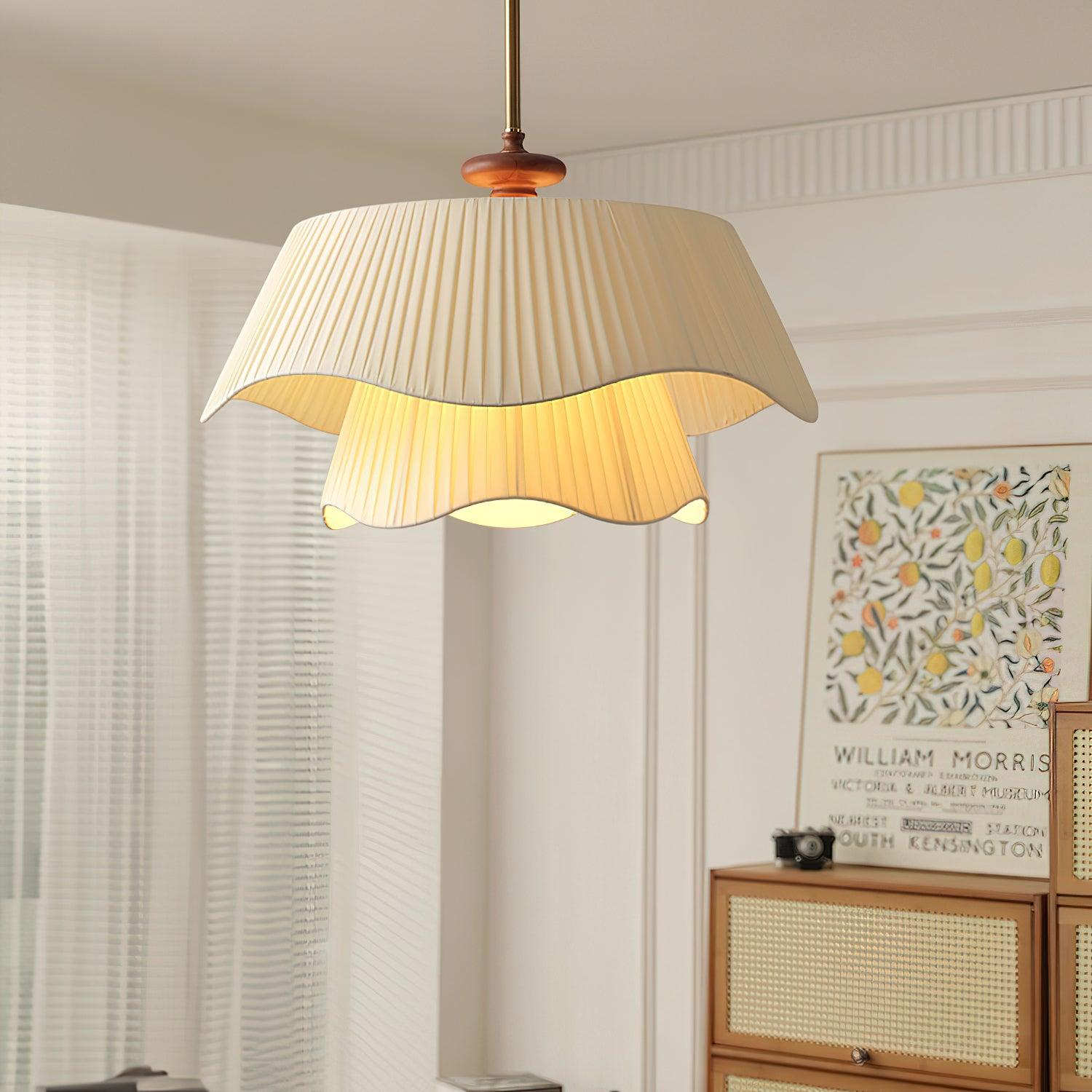 Pendant Light Fabric Wood 9.8 in Double Wavy Shade Dining Room Modern Ceiling Hanging Fixture Ambient Home Lighting | Thomler