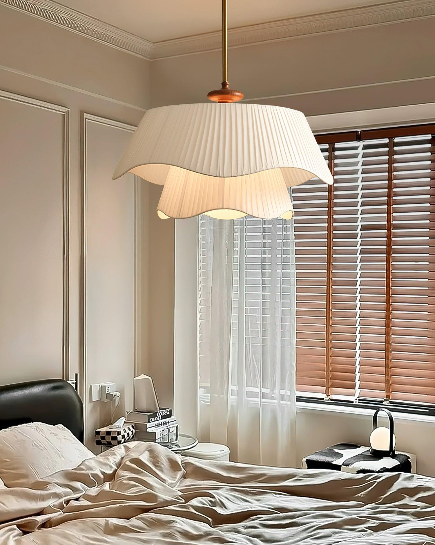 Pendant Light Fabric Wood 9.8 in Double Wavy Shade Dining Room Modern Ceiling Hanging Fixture Ambient Home Lighting | Thomler